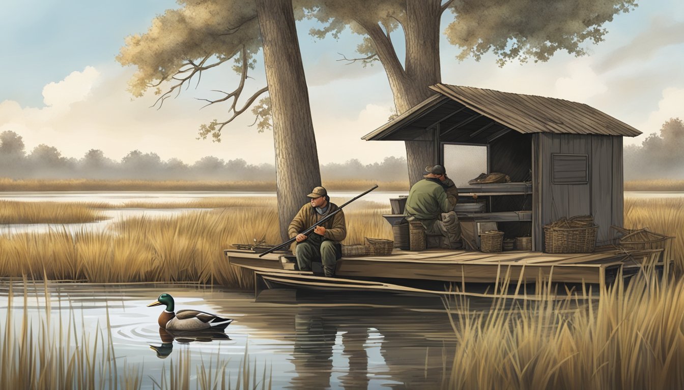 A hunter setting up a duck blind near a marsh, with decoys placed in the water and a shotgun resting against a tree