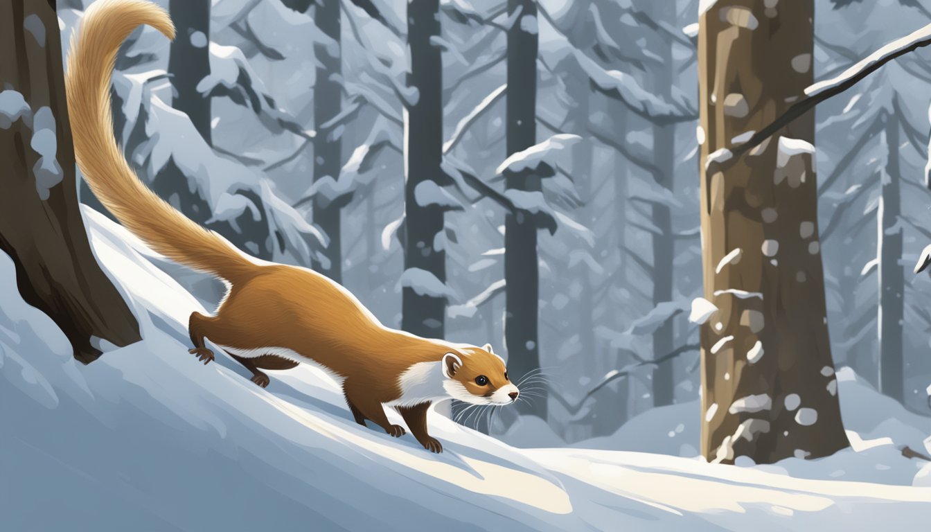 A weasel hunting in a snowy forest, alert and poised to pounce on its prey