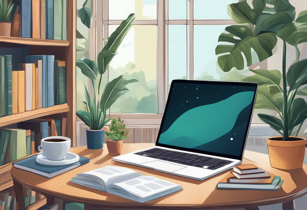 A laptop surrounded by books, plants, and a cup of coffee, with a cozy study nook in the background