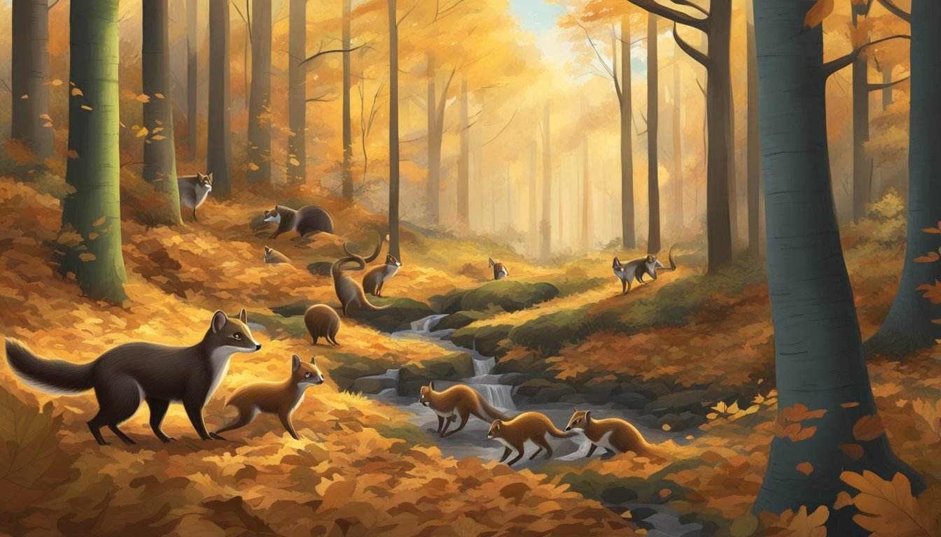 A dense forest with weasels darting among fallen leaves, while hunters set up traps nearby