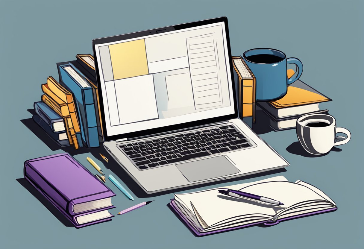 A laptop surrounded by books and a notepad, with a cup of coffee nearby