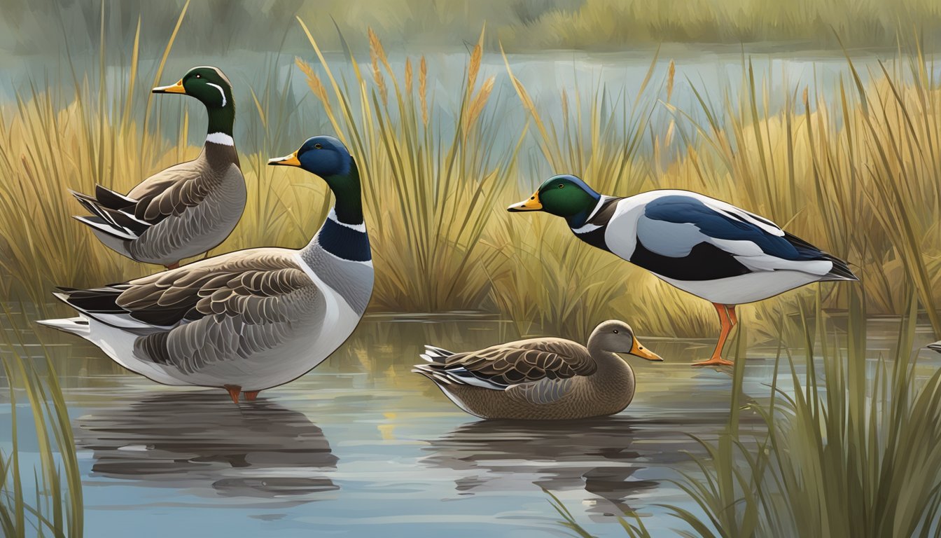 A group of waterfowl in a wetland habitat, with clear markings and features for identification