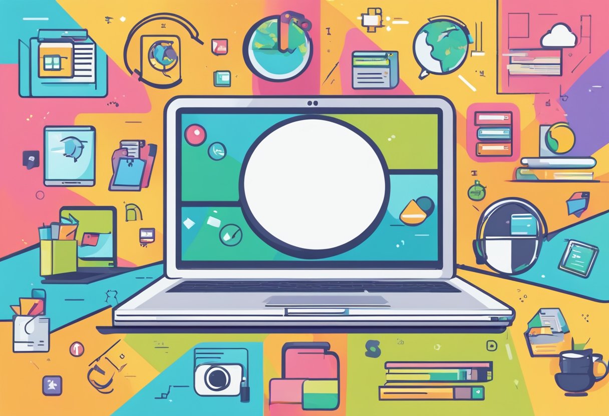 A laptop surrounded by colorful icons, representing various online courses for personal development