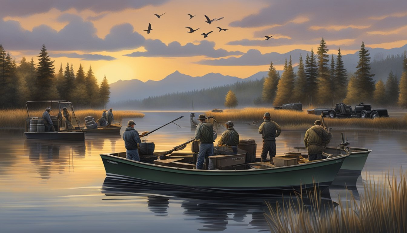 Waterfowl hunters unloading gear from boats at dusk