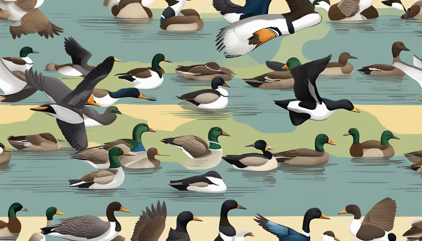 Migrating waterfowl in various behavioral patterns during identification season