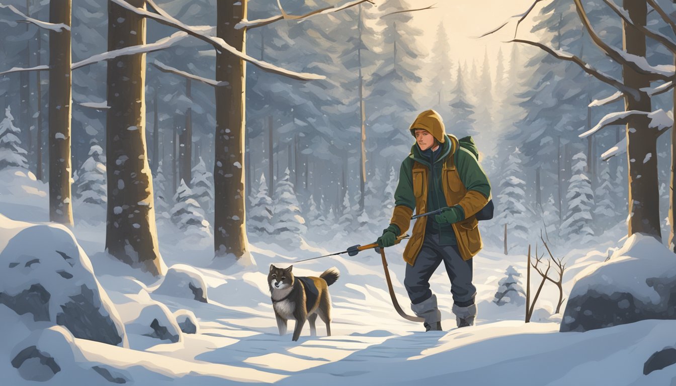 A hunter setting traps in a snowy forest clearing