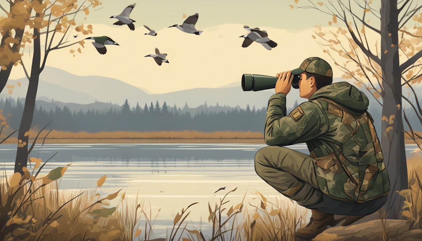 A hunter in camouflage observes waterfowl through binoculars, noting distinct markings and behavior during hunting season