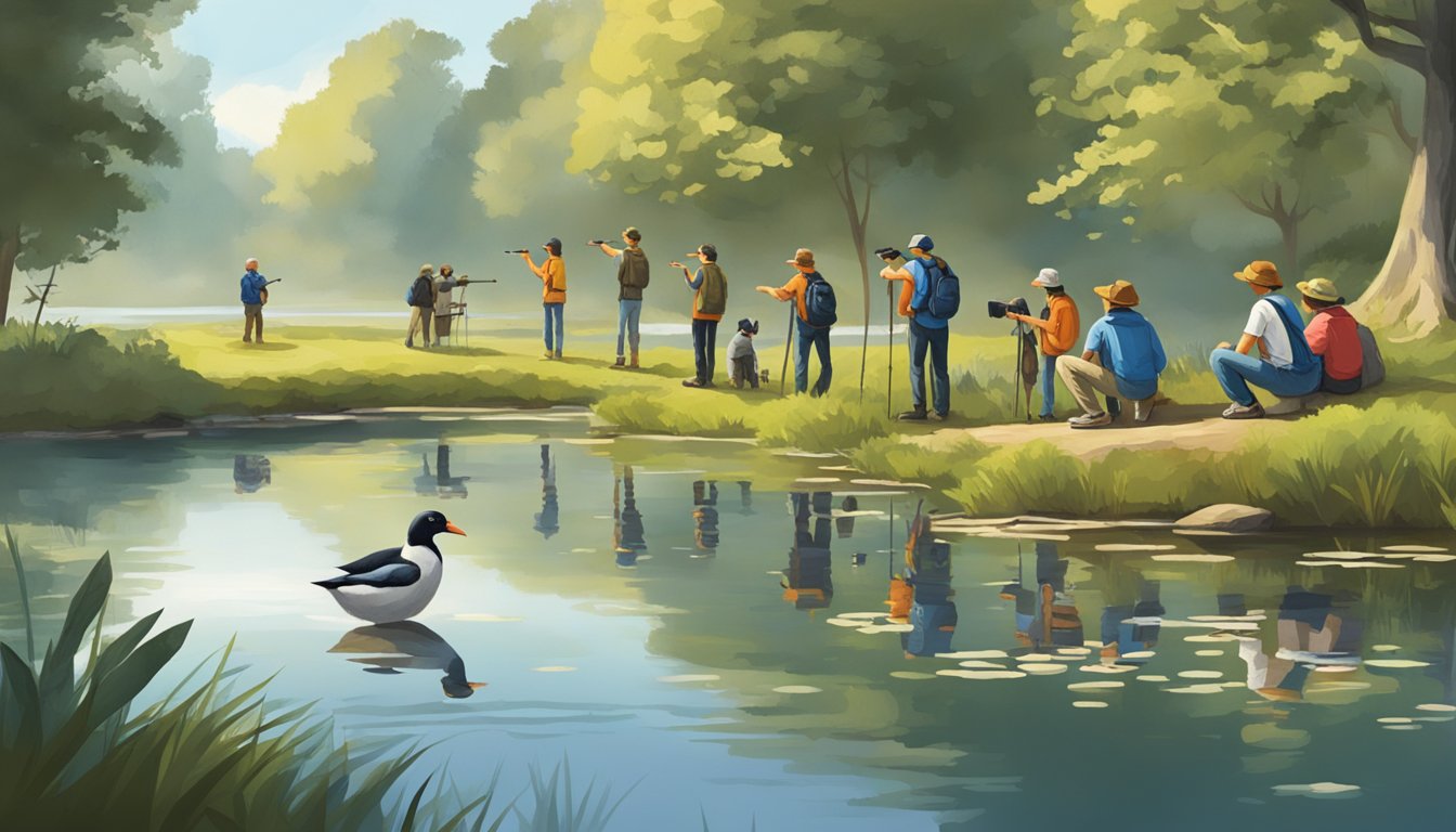 A group of young birdwatchers gather by a tranquil pond, eagerly pointing out and identifying various waterfowl species