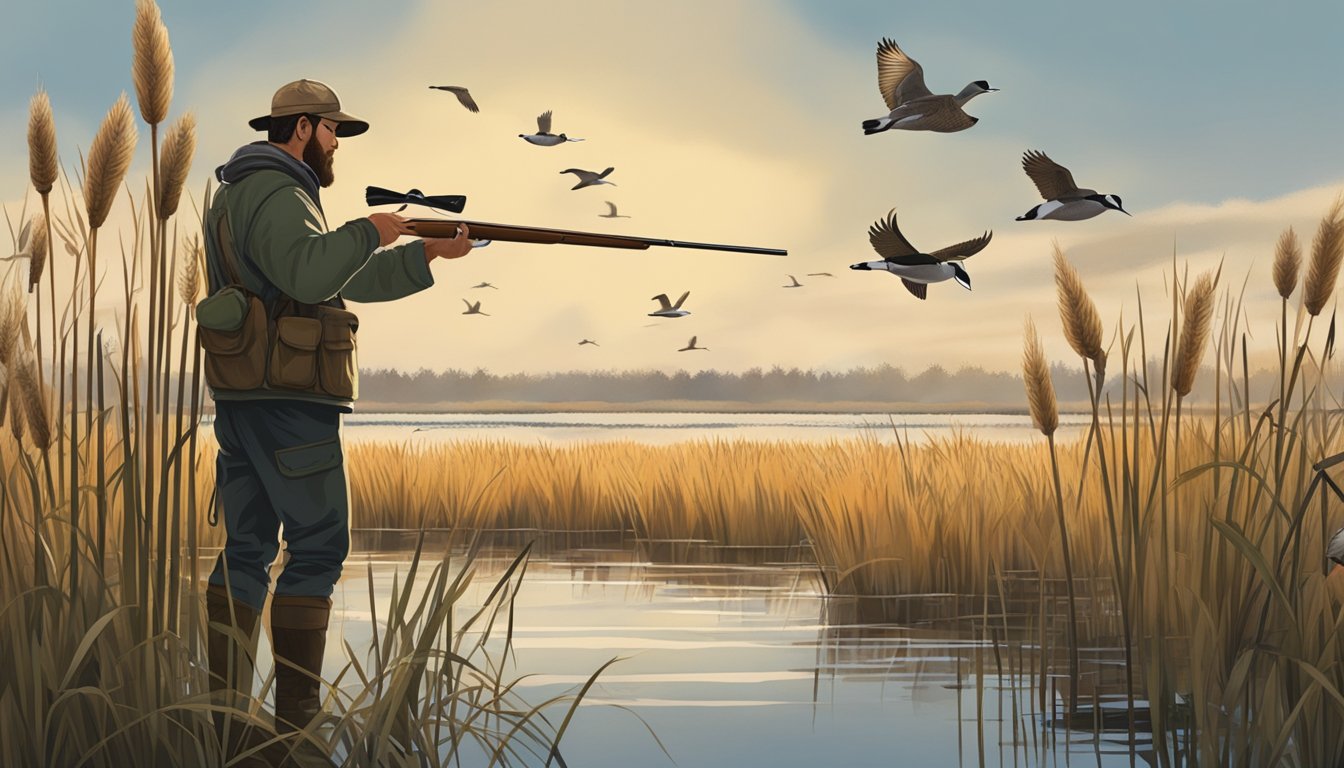 A hunter setting up decoys in a marsh, surrounded by reeds and cattails, as waterfowl fly overhead