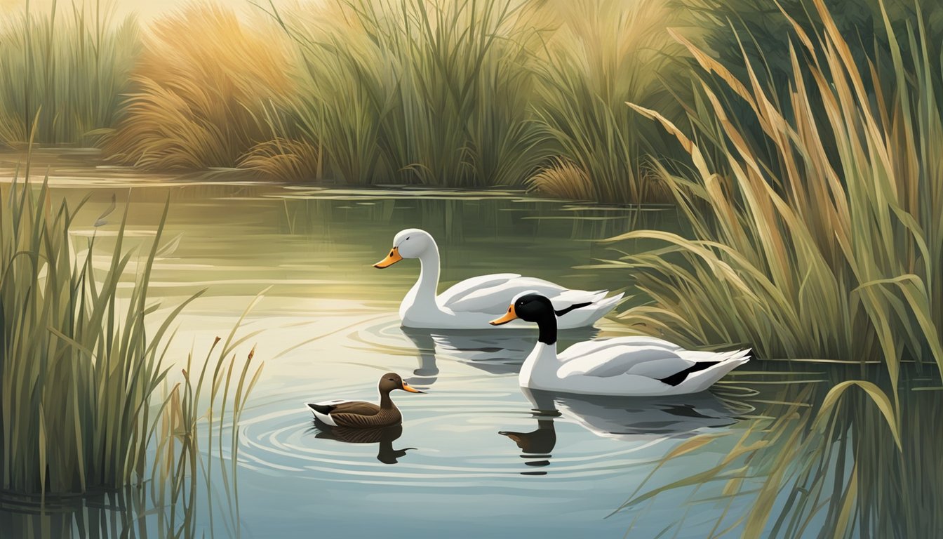 Various waterfowl species swimming in a tranquil pond, including ducks, geese, and swans. Tall grasses and reeds line the water's edge