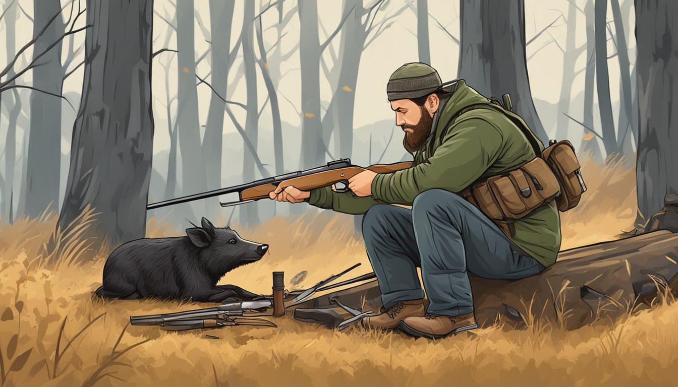 A hunter sharpens a knife and loads a rifle before wild boar hunting season