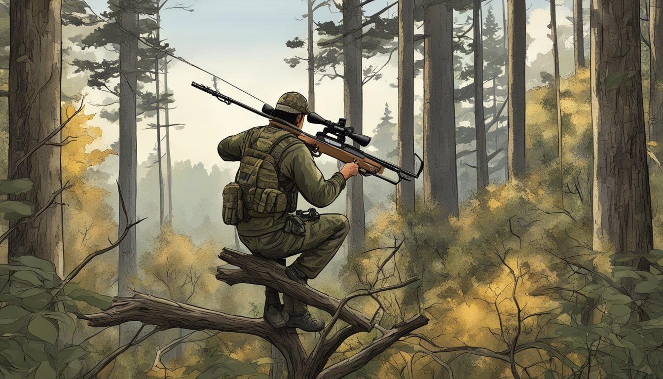 A hunter in a tree stand, bow drawn, waiting for a whitetail deer to approach. Forested background, with camouflage clothing and hunting equipment visible