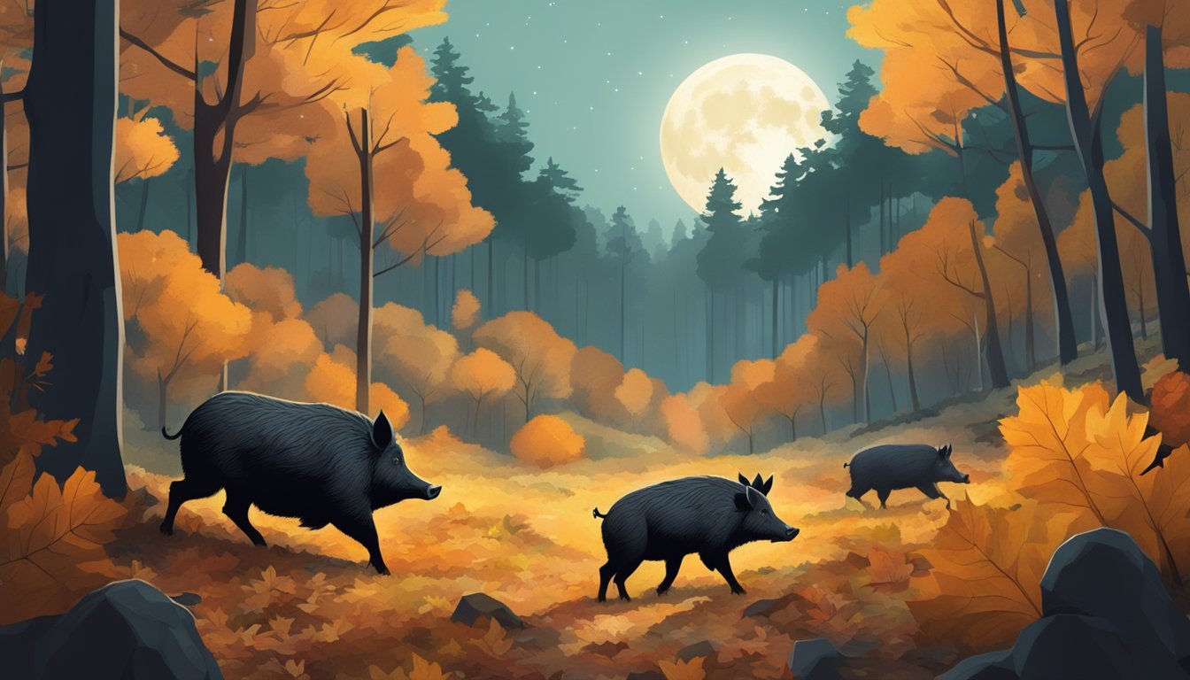 A dense forest in autumn, with fallen leaves and a full moon, as wild boars roam in search of food