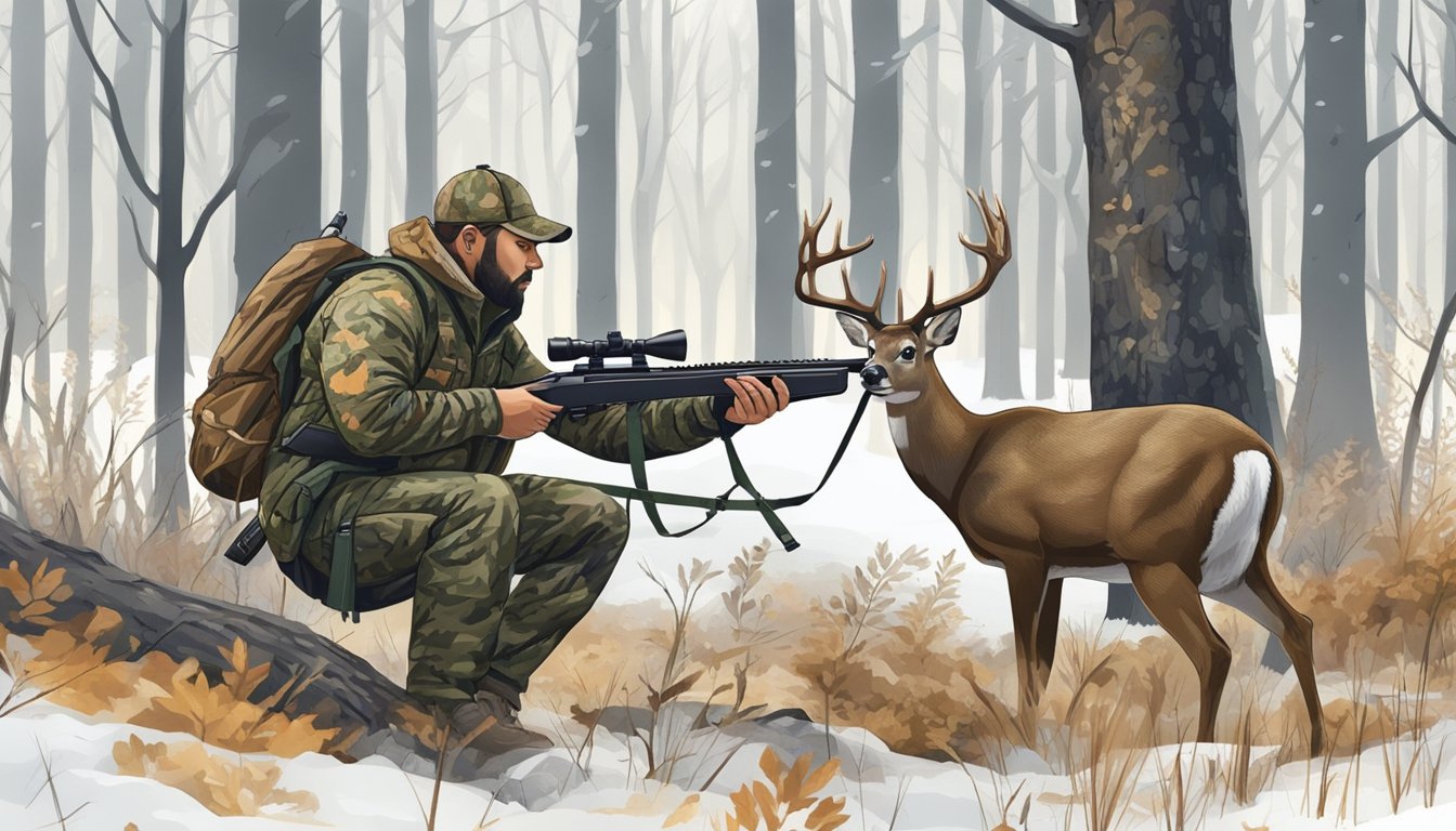 A hunter in camouflage aims a rifle at a white-tailed deer in a forest clearing during hunting season