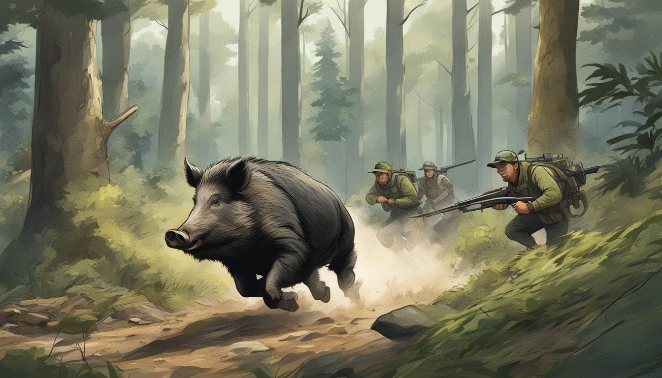 A wild boar charging through a dense forest, with hunters in the background preparing their weapons for the hunt