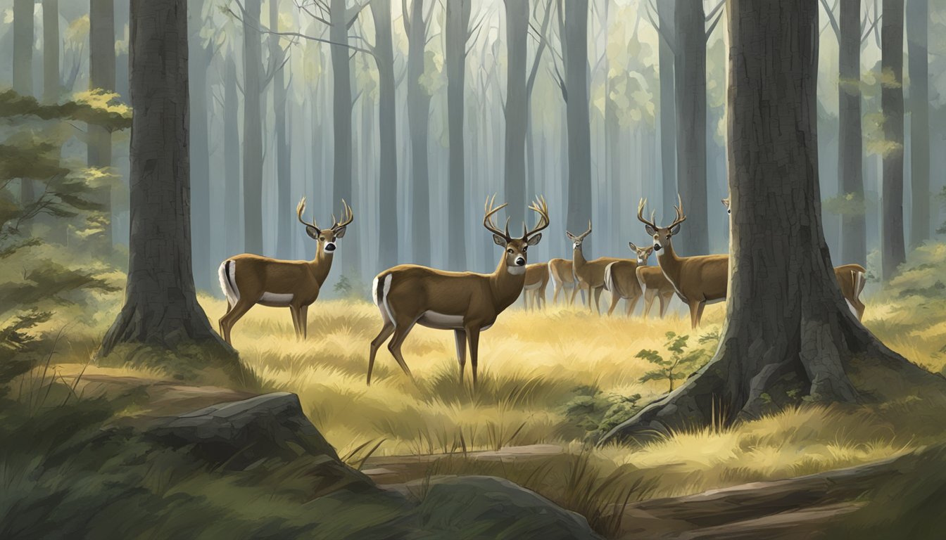 A group of whitetail deer grazing in a forest clearing, while a hunter observes from a distance