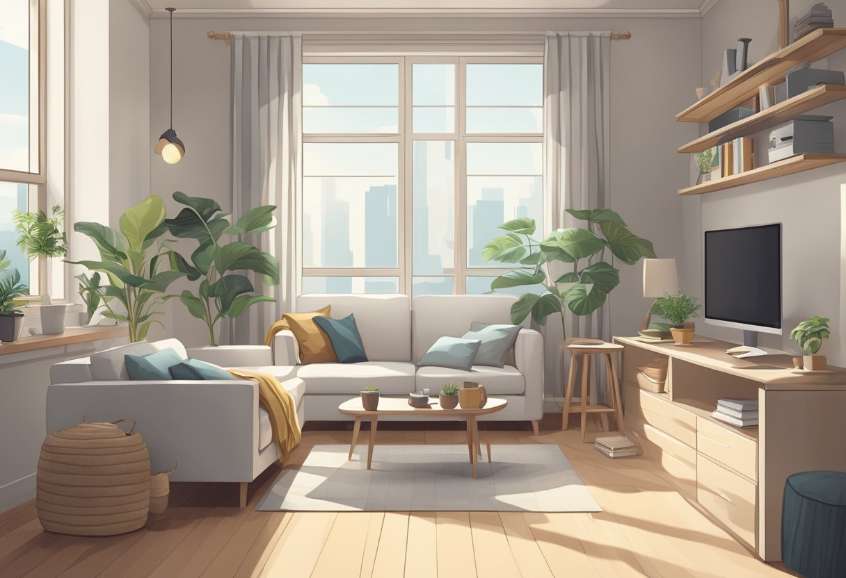 A serene, clutter-free room with simple furniture and few decorations, bathed in natural light from large windows