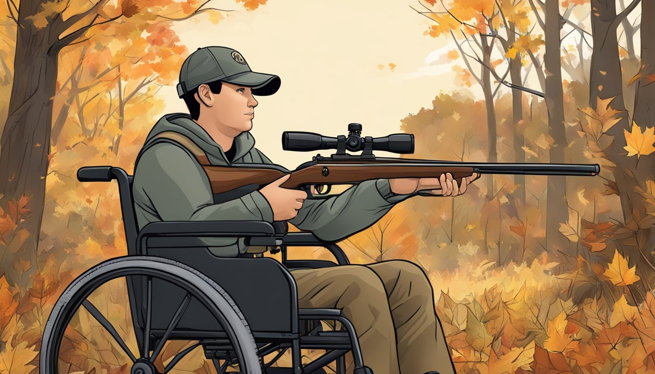 A youth with a disability sits in a wheelchair, surrounded by fall foliage, holding a rifle during a special whitetail hunting season