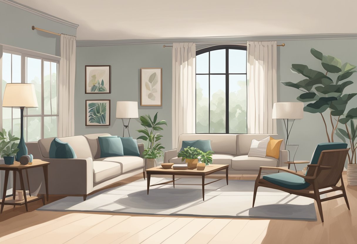 A serene, uncluttered living room with clean lines, a few carefully chosen pieces of furniture, and soft natural lighting, evoking a sense of calm and harmony