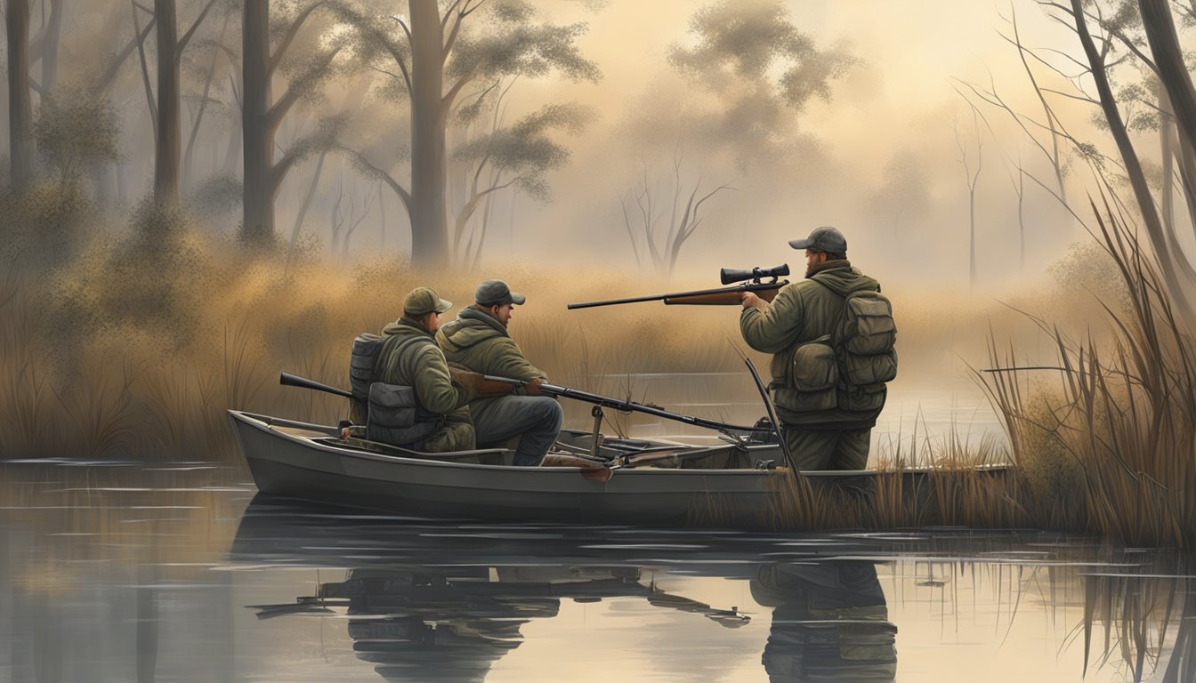 A group of hunters setting up decoys and blinds in a wetland, surrounded by dense foliage and a calm, misty morning