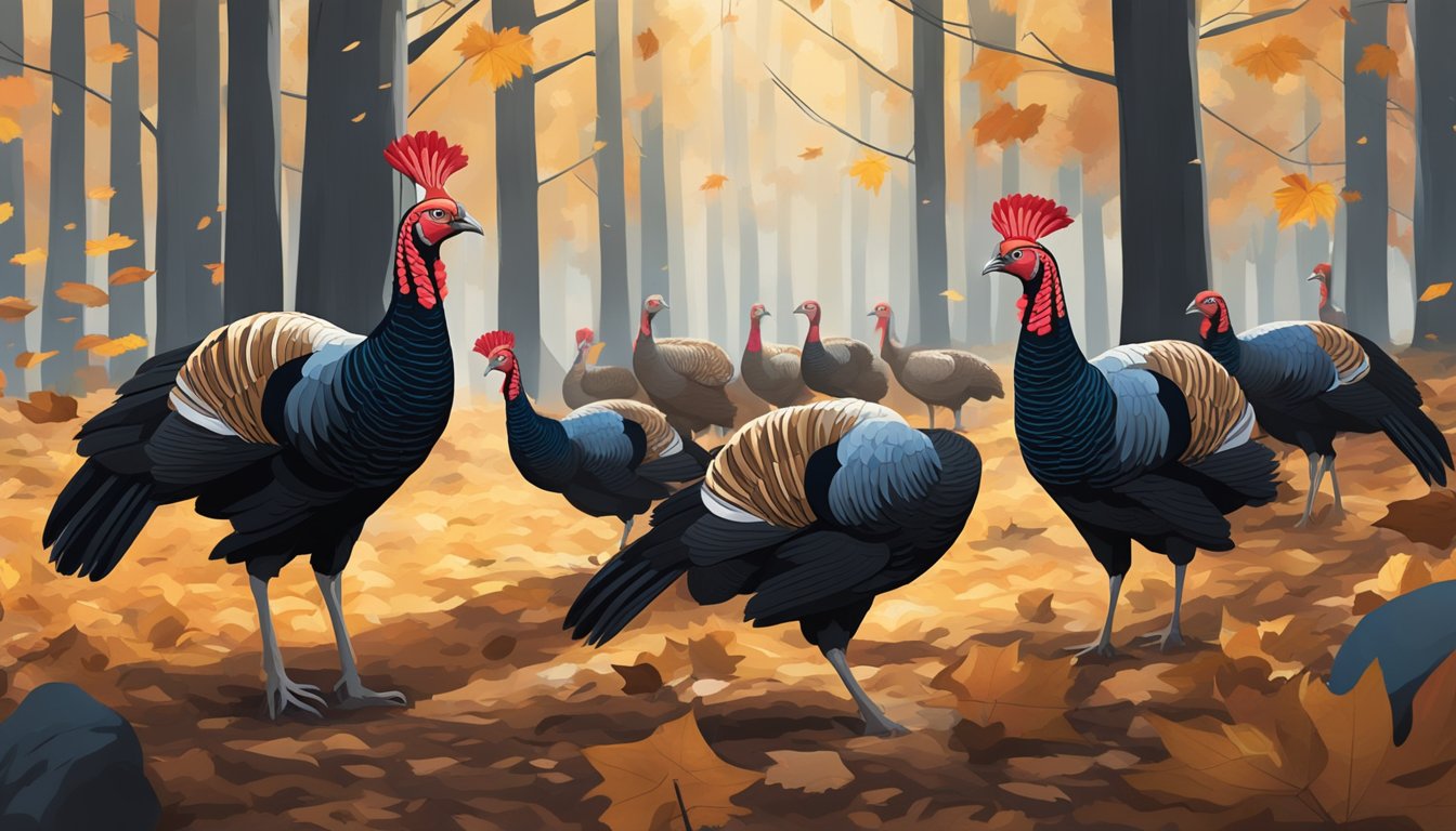 A flock of wild turkeys foraging in a forest clearing, surrounded by tall trees and fallen leaves