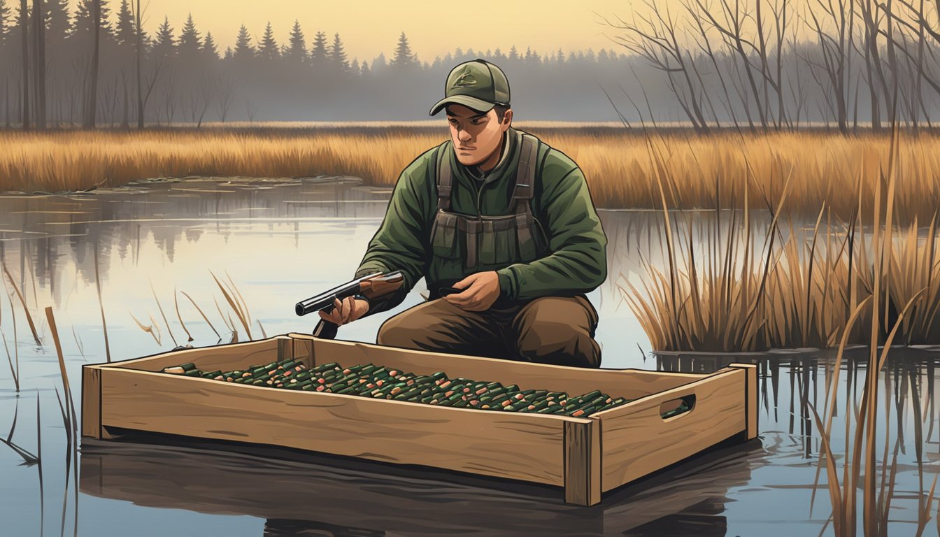 A hunter selects a shotgun and shells from a wooden crate in a marshy wetland during wood duck hunting season