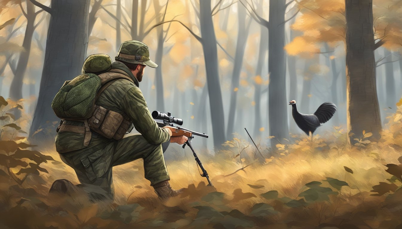 A hunter in camouflage aiming at a wild turkey in a forest clearing during hunting season