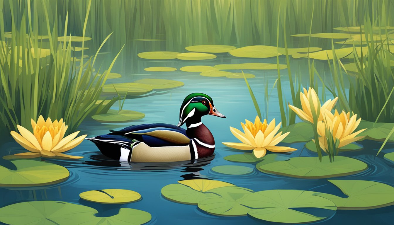 A serene wetland with wood ducks peacefully swimming among tall grasses and vibrant lily pads, undisturbed by the nearby hunting season