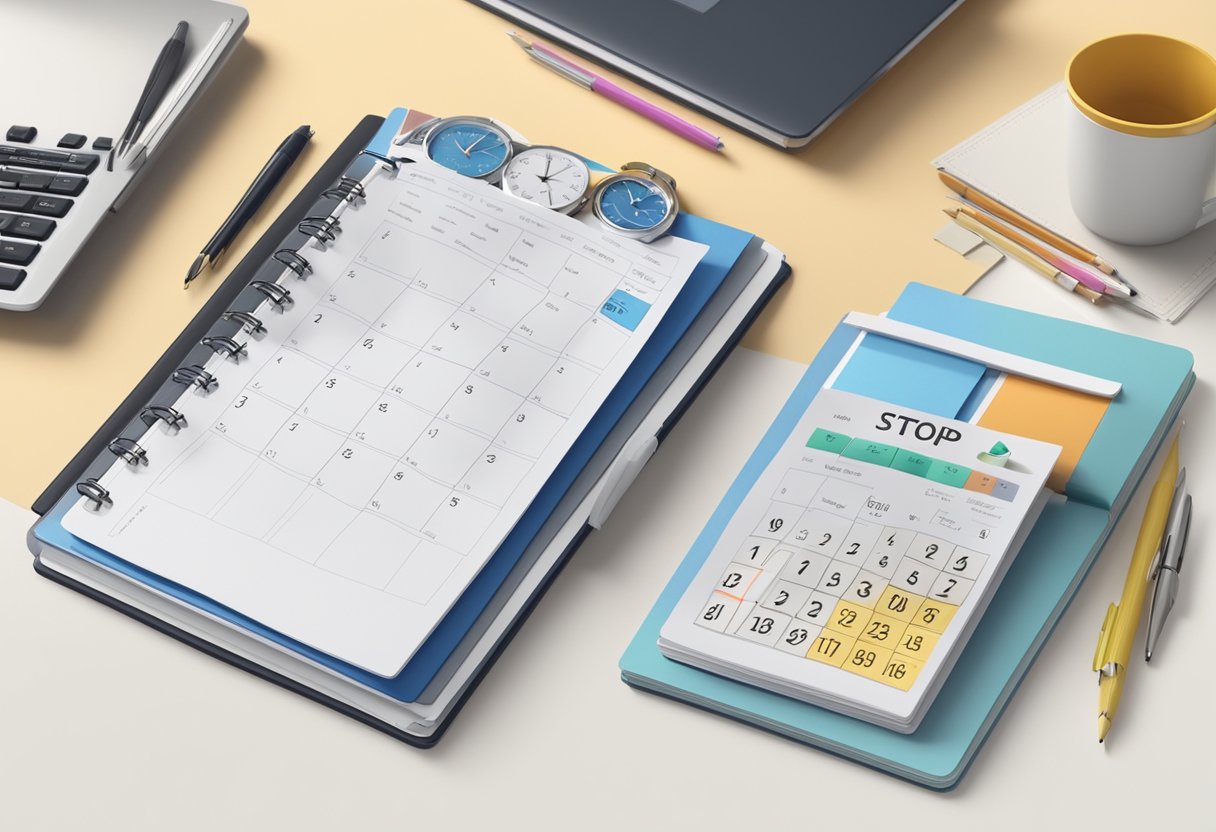 A clock surrounded by a calendar, to-do list, and stopwatch, all organized neatly on a desk with a focused and determined atmosphere