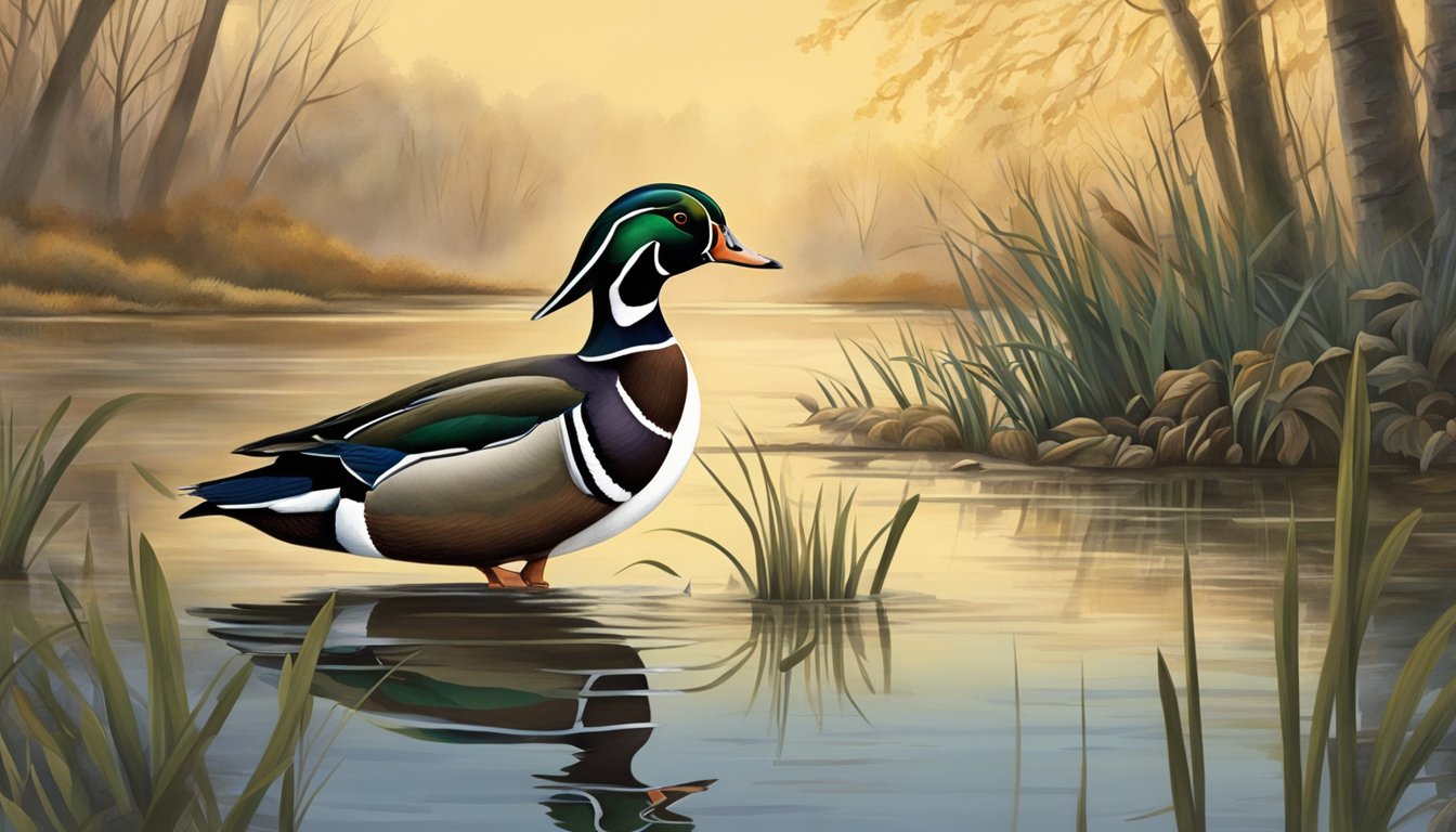 A wood duck glides gracefully over a serene marsh, surrounded by other waterfowl species, as hunters prepare for the hunting season