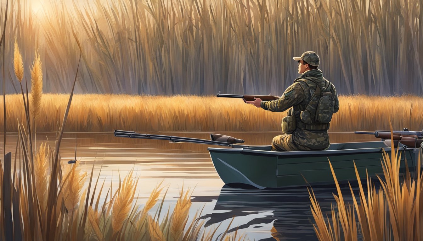 A hunter in camouflage waits in a wooden blind near a marsh, surrounded by cattails and reeds. A wood duck flies overhead, its vibrant plumage catching the sunlight