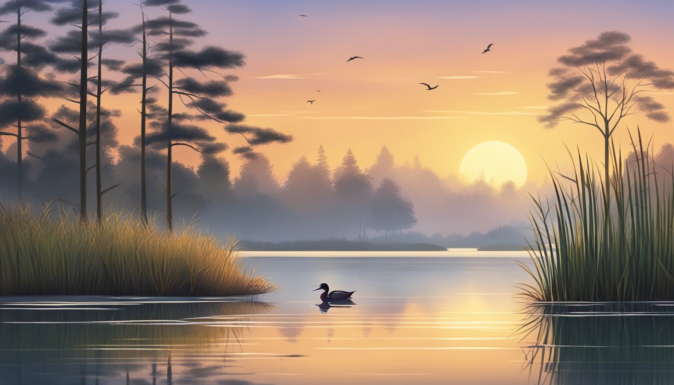 A serene lake at sunrise, surrounded by tall reeds and trees, with a lone wood duck gliding peacefully on the water