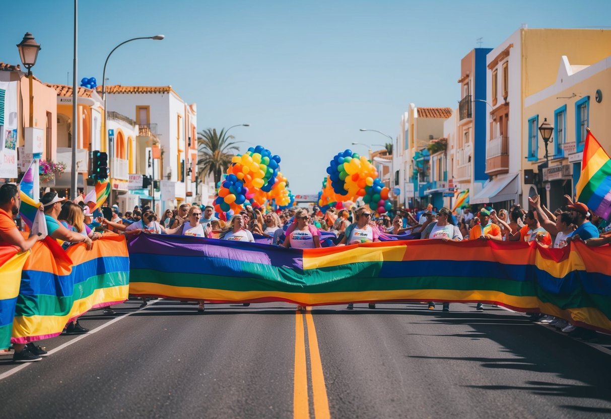 Una colorata parata del pride si snoda per le strade di Maspalomas, Gran Canaria, con carri vivaci e partecipanti gioiosi che celebrano il pride LGBTQ+.