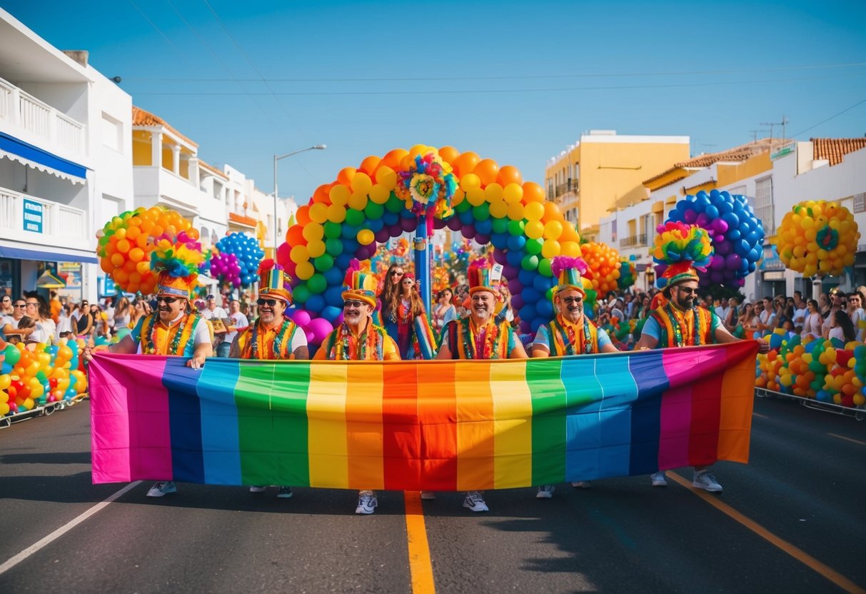 Una vivace parata di carri colorati e performer vivaci che celebrano l'orgoglio LGBTQ+ nelle strade di Maspalomas, Gran Canaria