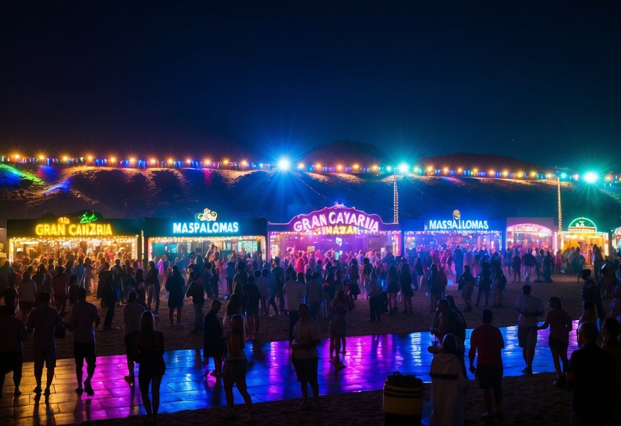 Una vivace scena notturna a Gran Canaria, Maspalomas, con luci colorate, musica e intrattenimento per la comunità LGBTQ+