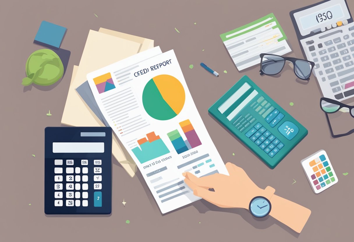 A hand holding a credit report with a low score, next to a stack of bills and a calculator. A bar graph shows the score increasing over time