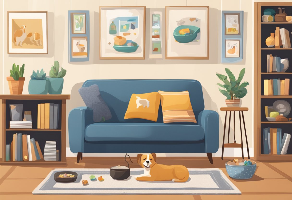 A cozy living room with a pet bed, food and water bowls, toys, and a leash hanging on the wall. A bookshelf filled with pet care guides