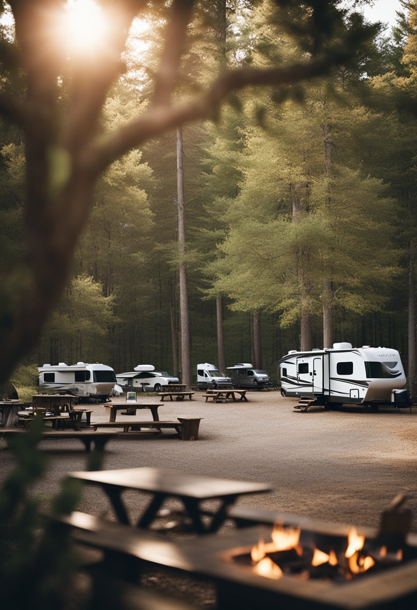 A group of RVs parked in a spacious campground surrounded by trees and picnic tables, with a central fire pit for group gatherings