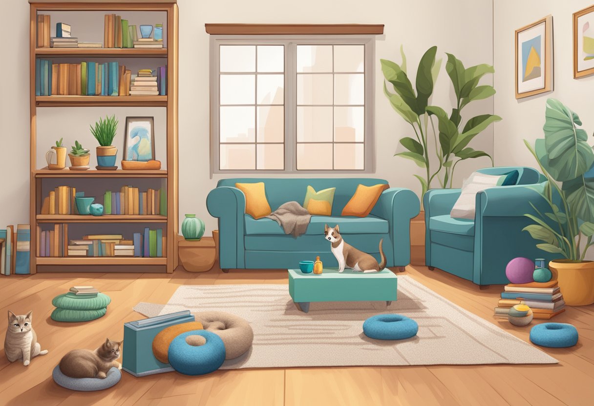 A cozy living room with pet toys scattered on the floor, a comfortable pet bed, and a shelf filled with pet care books and supplies