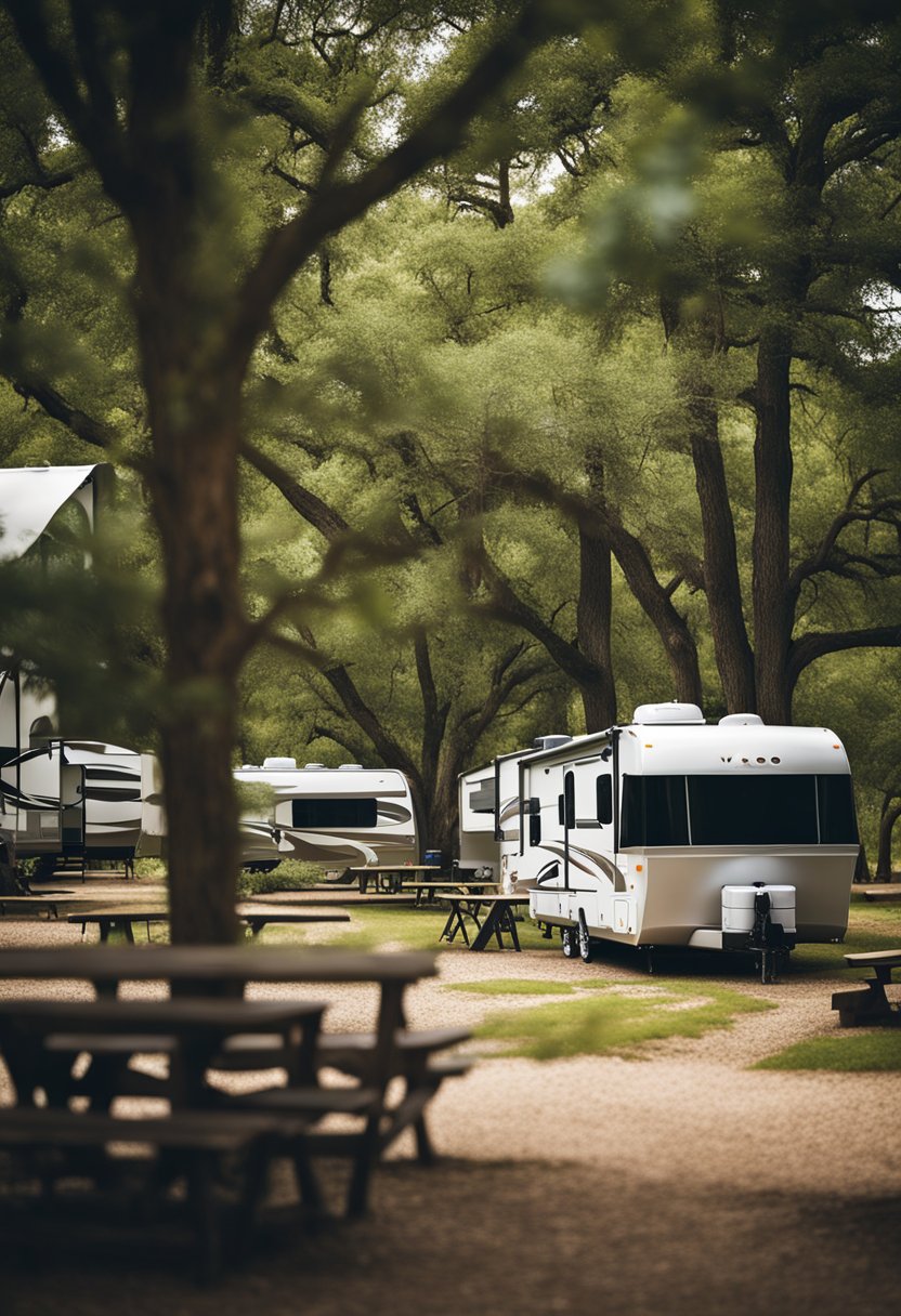 A group of RVs parked in a spacious campground in Waco, Texas. A large communal area with picnic tables, fire pits, and recreational facilities is surrounded by lush greenery and tall trees