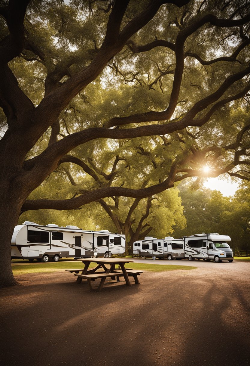 A group of RVs parked under the shade of large oak trees, with picnic tables and fire pits scattered throughout the campground. A central building houses the check-in area and amenities