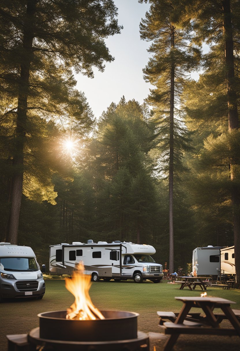 A group of RVs parked in a spacious campground surrounded by trees and picnic tables. A large fire pit is in the center, with families and friends gathered around