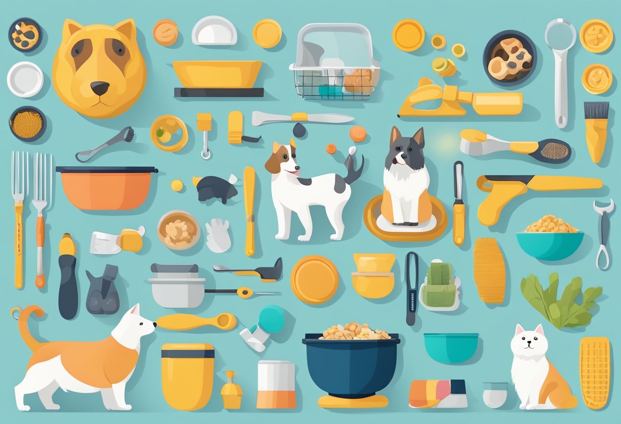 A colorful infographic with icons of various pets, food bowls, toys, and grooming tools