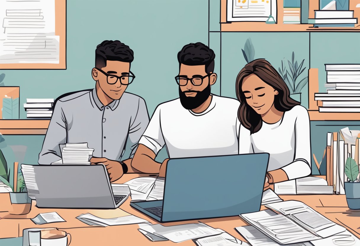 A couple sitting at a table covered in wedding planning books, magazines, and a laptop. They are surrounded by notes, spreadsheets, and a budgeting app on the screen