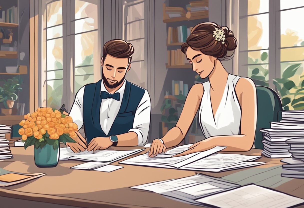 A bride and groom sit at a table, surrounded by wedding planning books and a budget spreadsheet. The couple is discussing their priorities and expectations for the big day