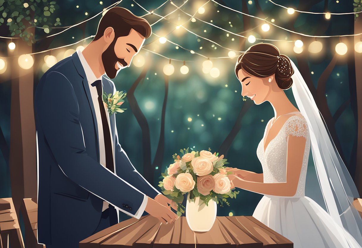 A bride and groom exchange rings on a rustic wooden table adorned with simple floral arrangements and twinkling string lights