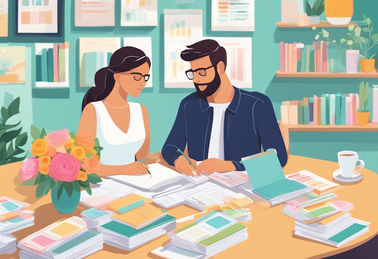 A couple sitting at a table covered in wedding planning books and budgeting spreadsheets, surrounded by colorful swatches and flower arrangements