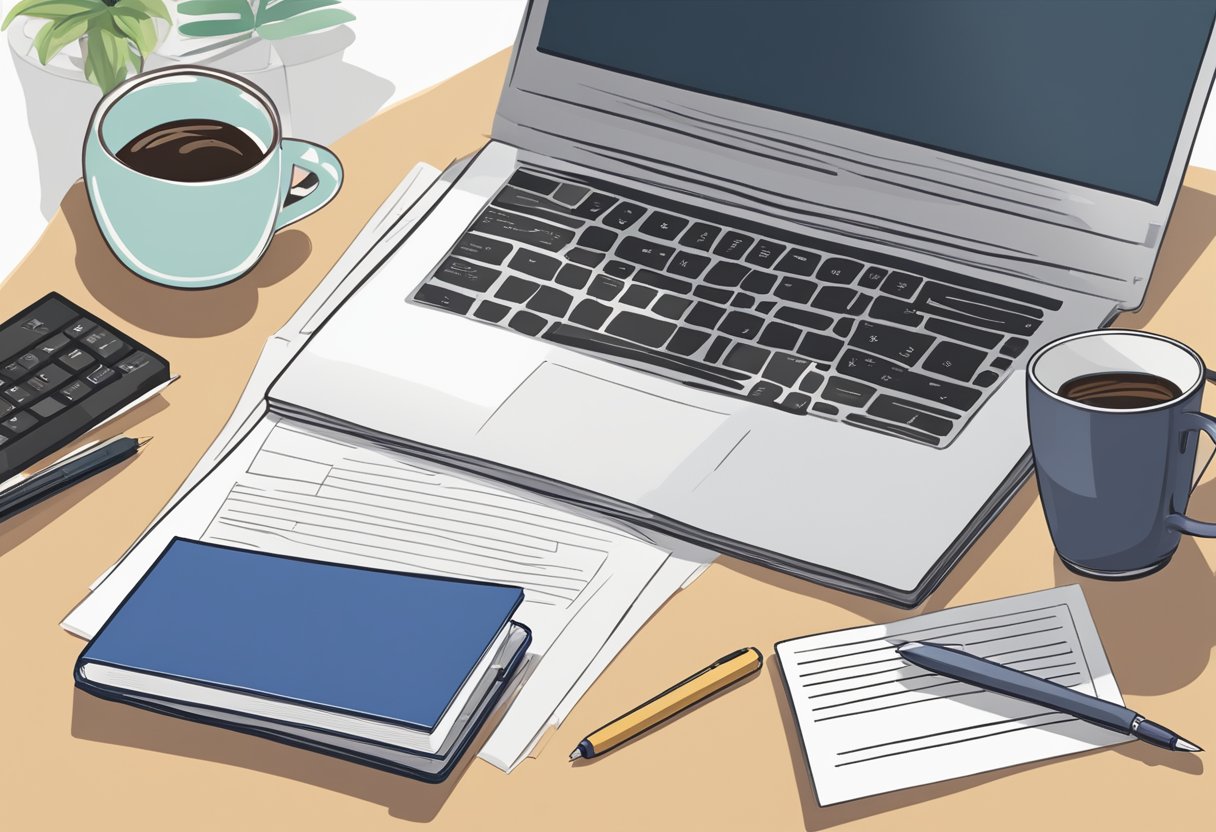 A desk with a laptop, pen, and paper. A mug of coffee sits nearby. A stack of books on resume writing and a dictionary are in the background