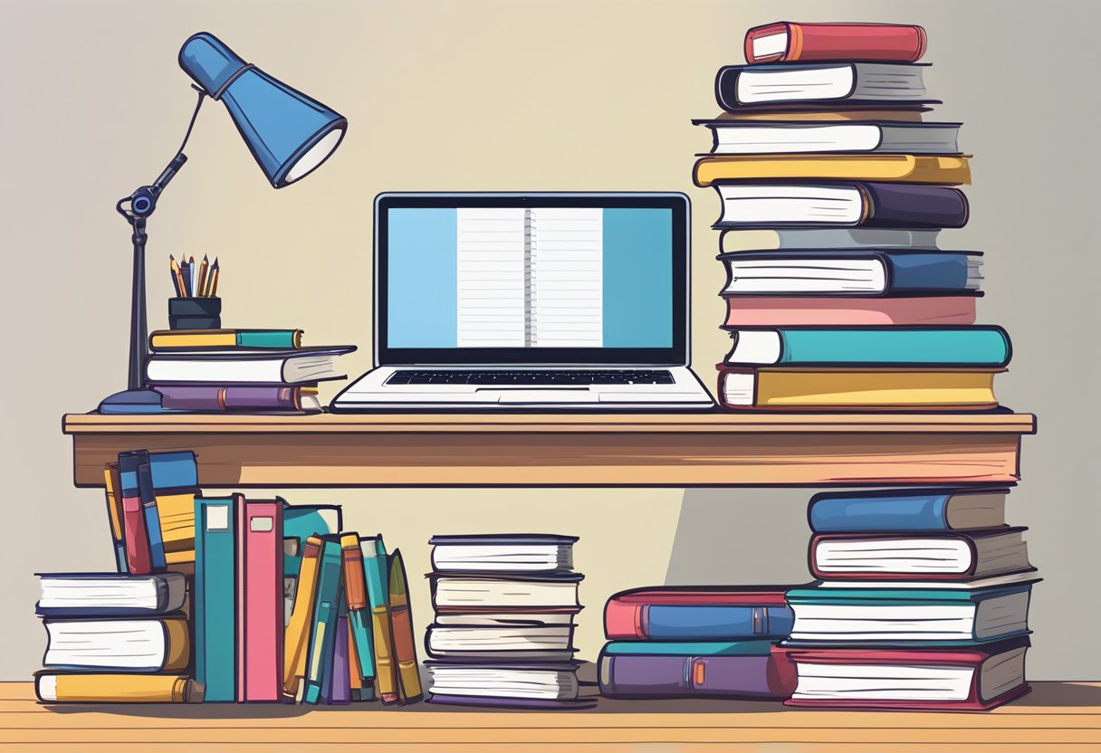 A desk with a laptop, notebook, and pen. A stack of books on one side and a wall covered in motivational quotes