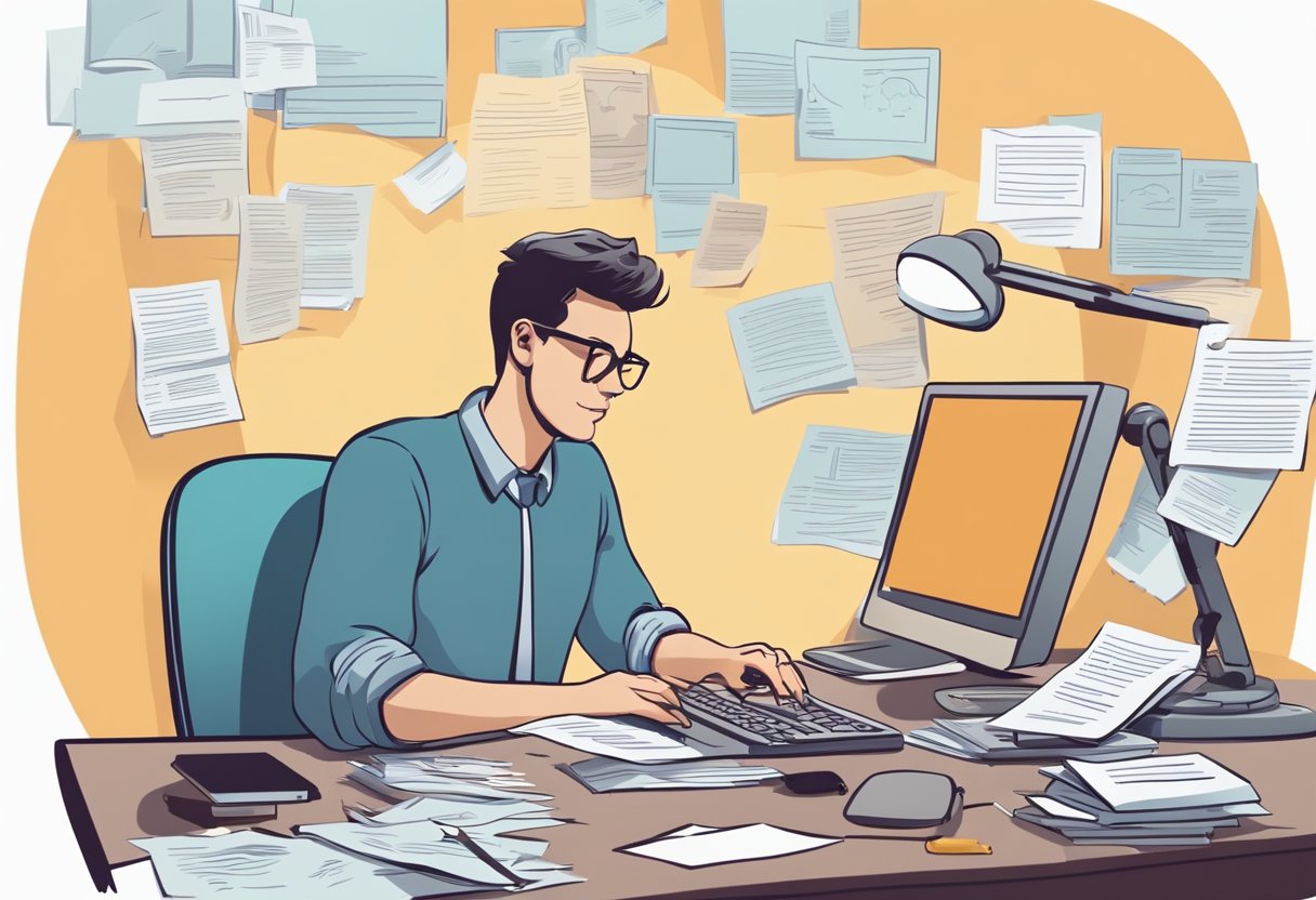 A person at a desk, typing on a computer, surrounded by papers and books on resume writing. A thought bubble with a well-written resume appears above their head